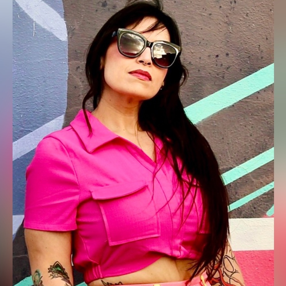 NWT Pretty Damage Hot Pink Barbiecore y2k bratz collared crop top faux tweed
